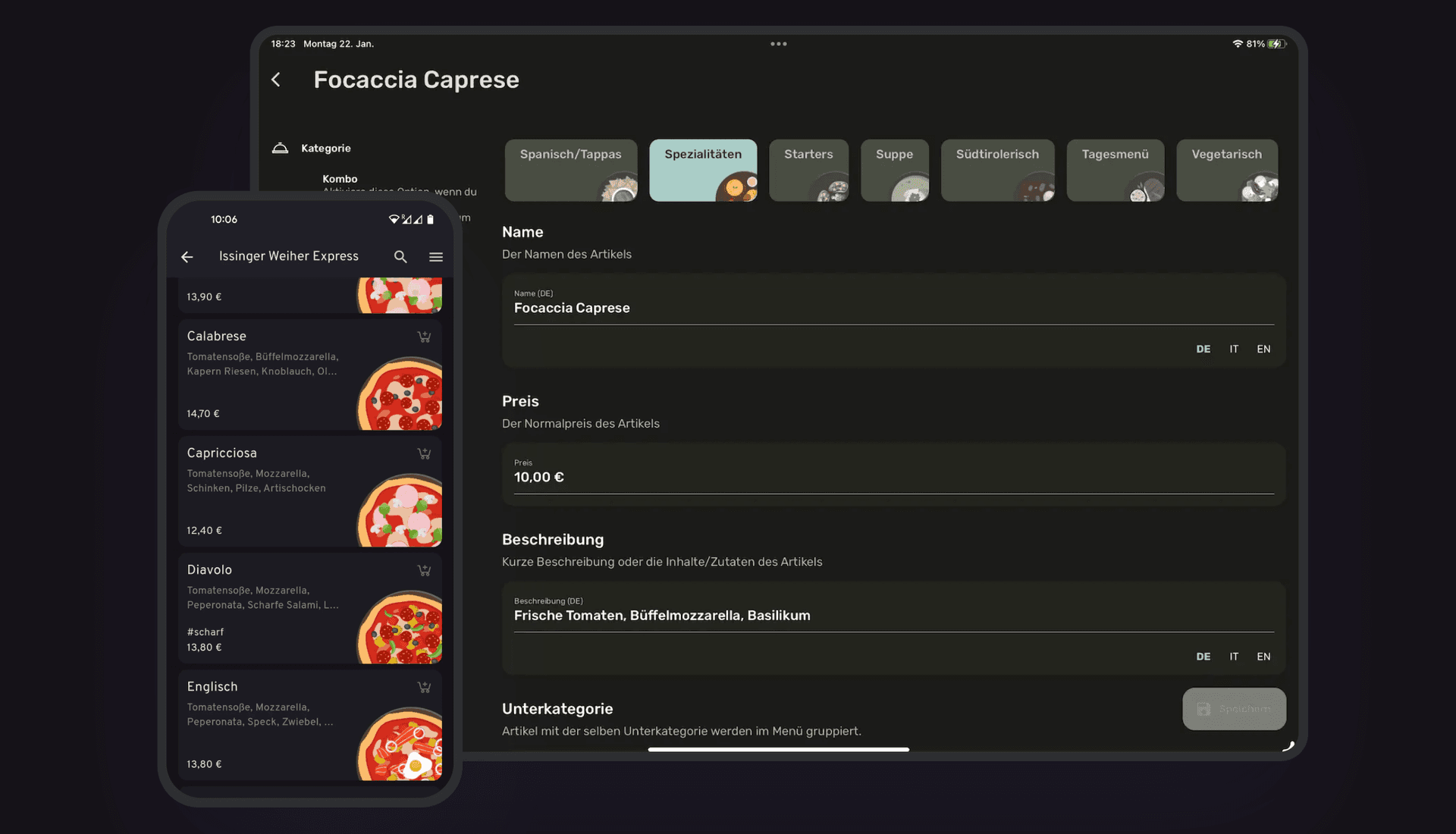 Gustaio restaurant management dashboard showing menu creation and order analytics